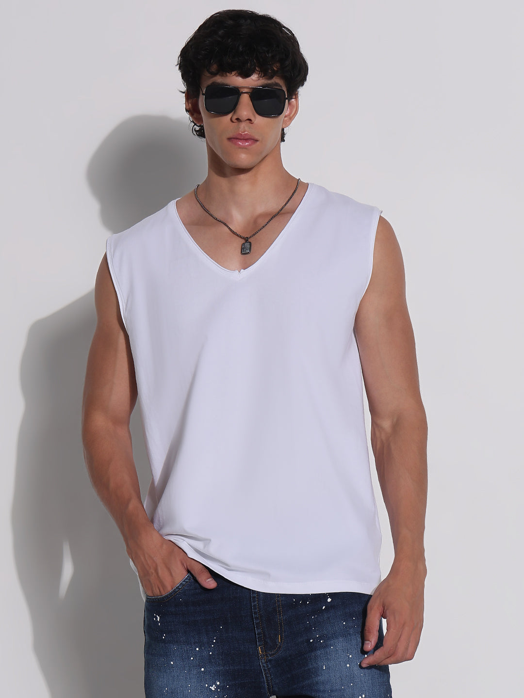 Men's White V-Neck Vest T-Shirt