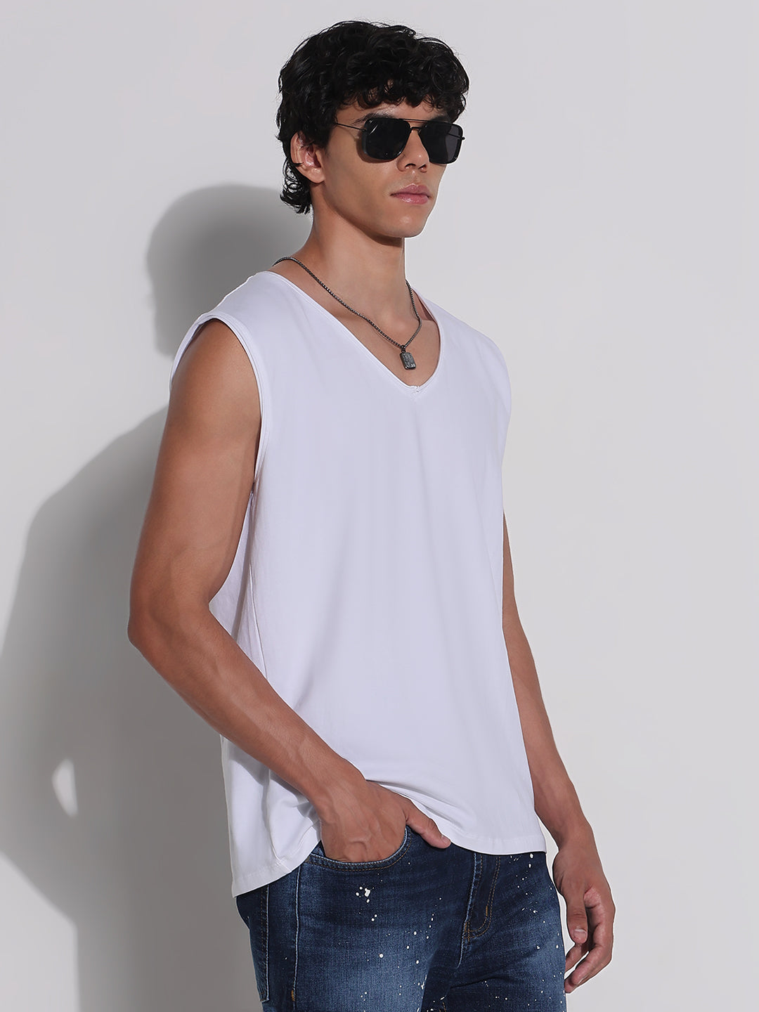 Men's White V-Neck Vest T-Shirt
