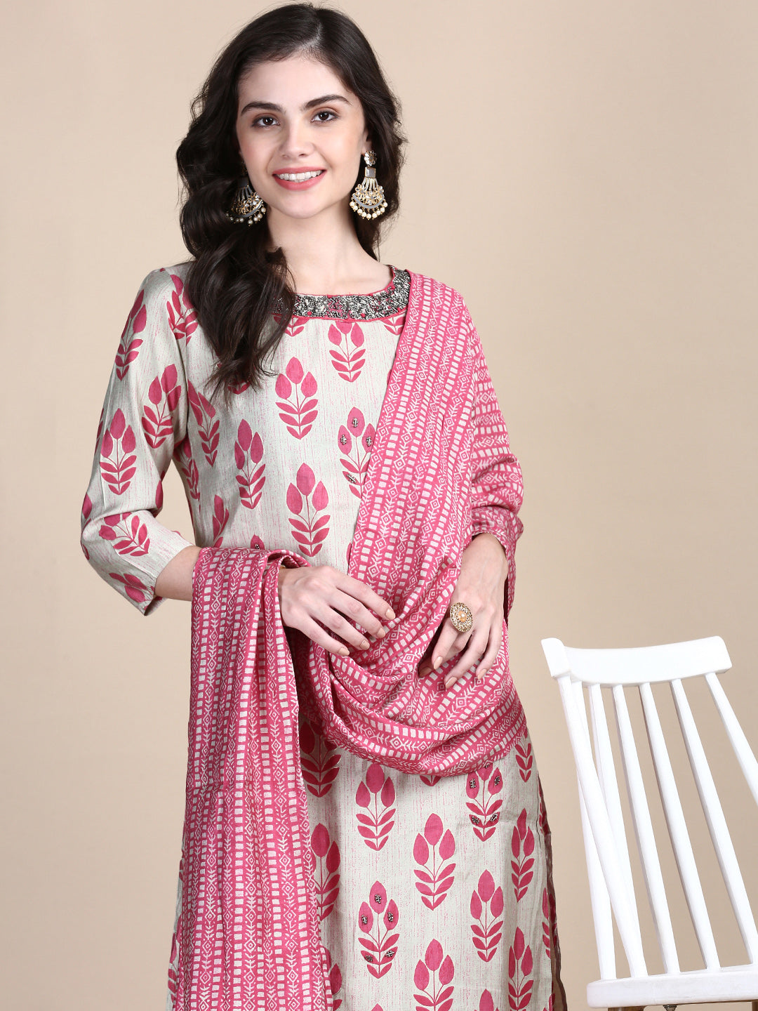 Women Beige Floral Straight Kurta Set with Dupatta