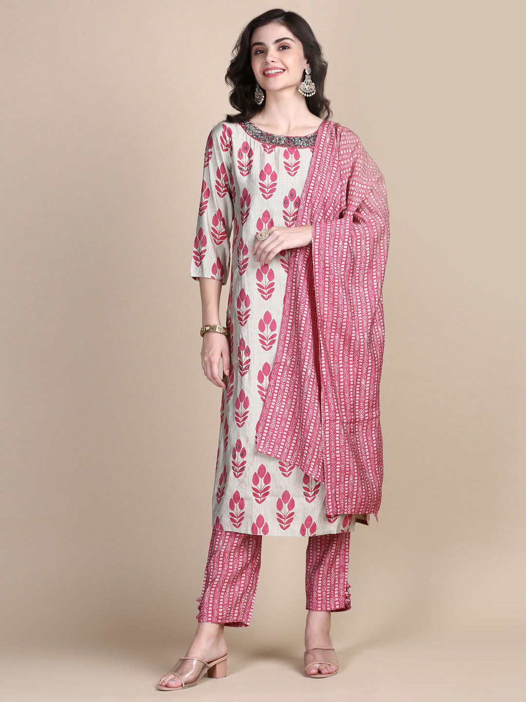 Women Beige Floral Straight Kurta Set with Dupatta