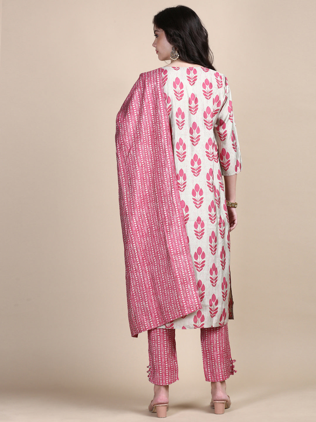 Women Beige Floral Straight Kurta Set with Dupatta