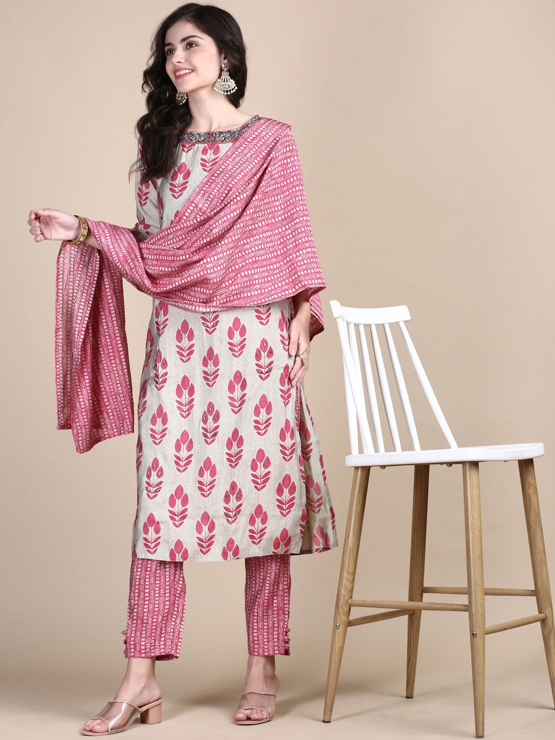 Women Beige Floral Straight Kurta Set with Dupatta