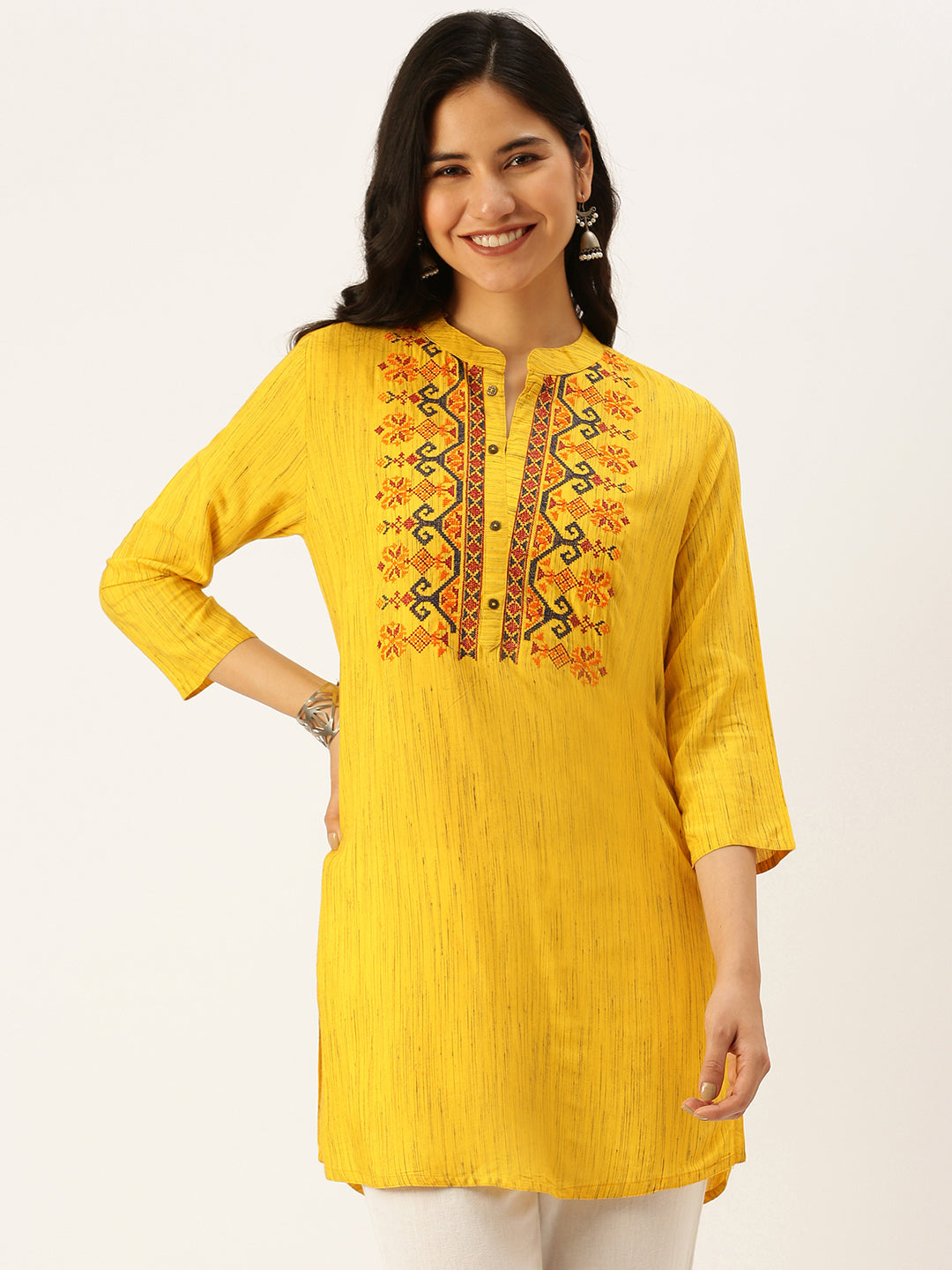 Women Mandarin Collar Solid Yellow Straight Kurti