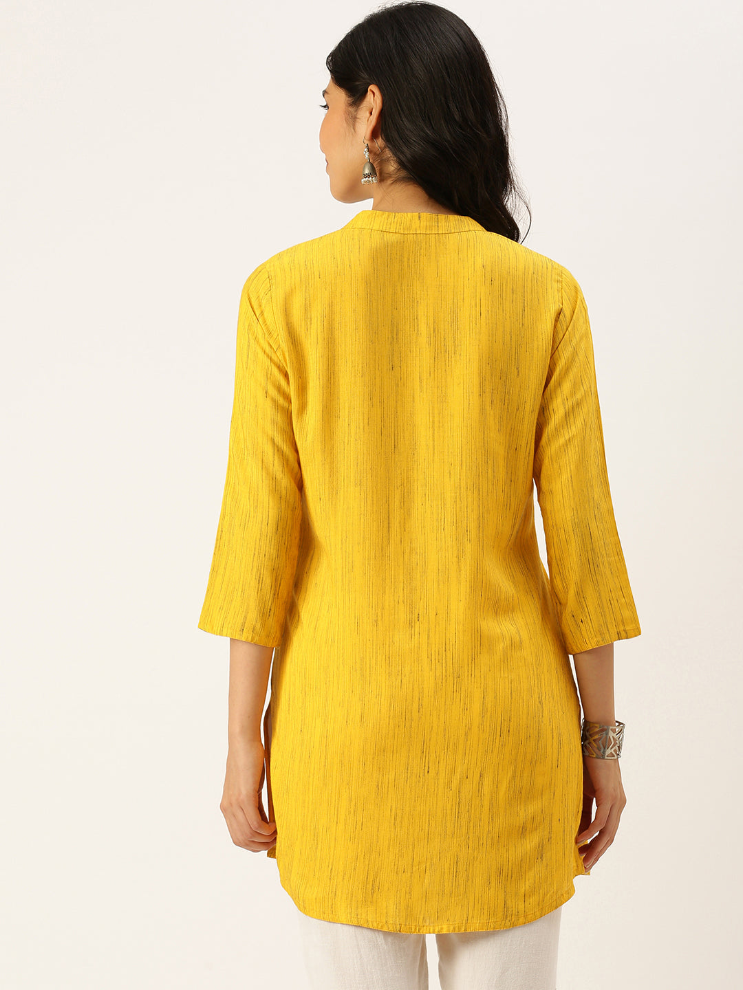 Women Mandarin Collar Solid Yellow Straight Kurti