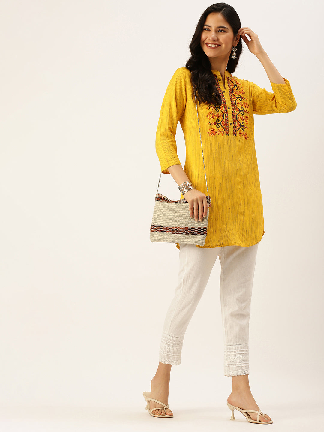 Women Mandarin Collar Solid Yellow Straight Kurti