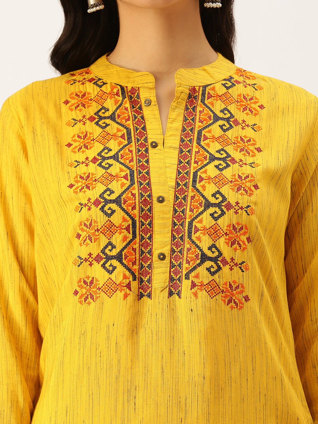 Women Mandarin Collar Solid Yellow Straight Kurti