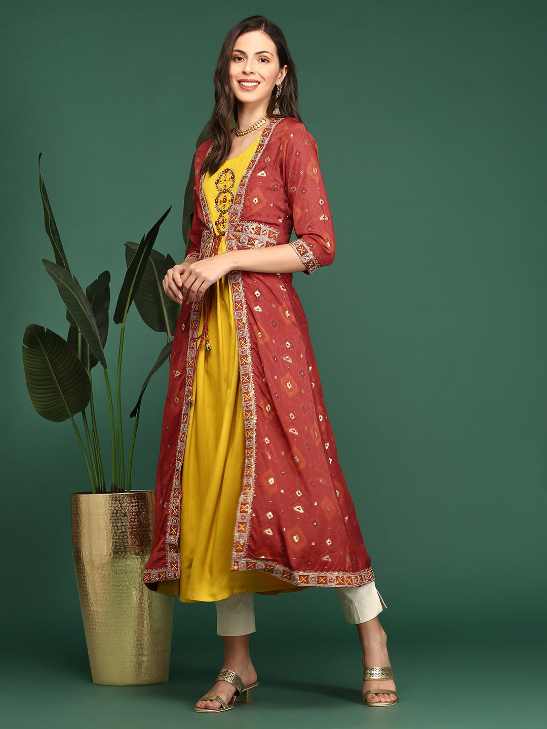 Women Lime Green Solid Anarkali Kurta