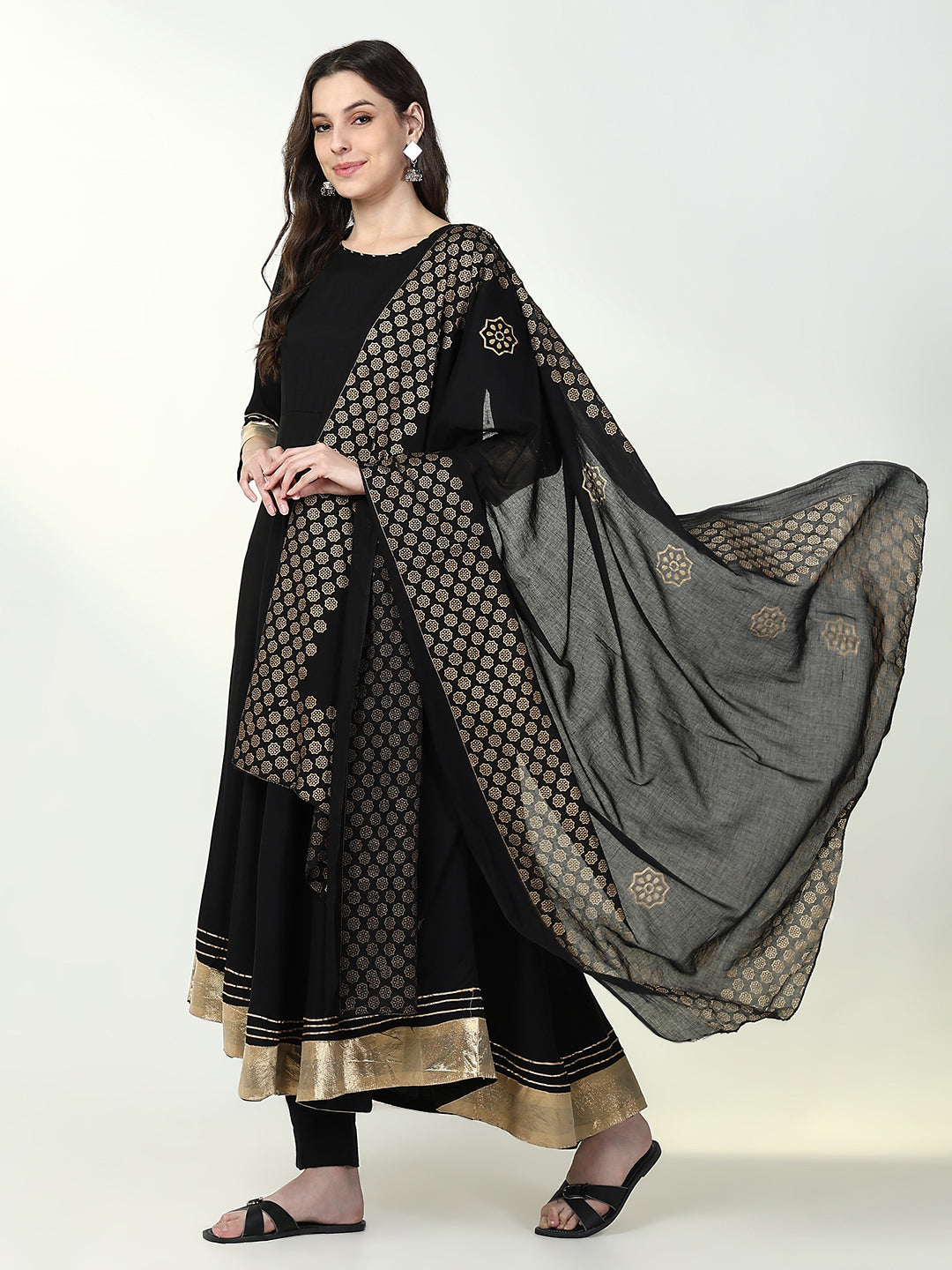 Women's Anarkali Solid Black Kurta Sets with Dupatta