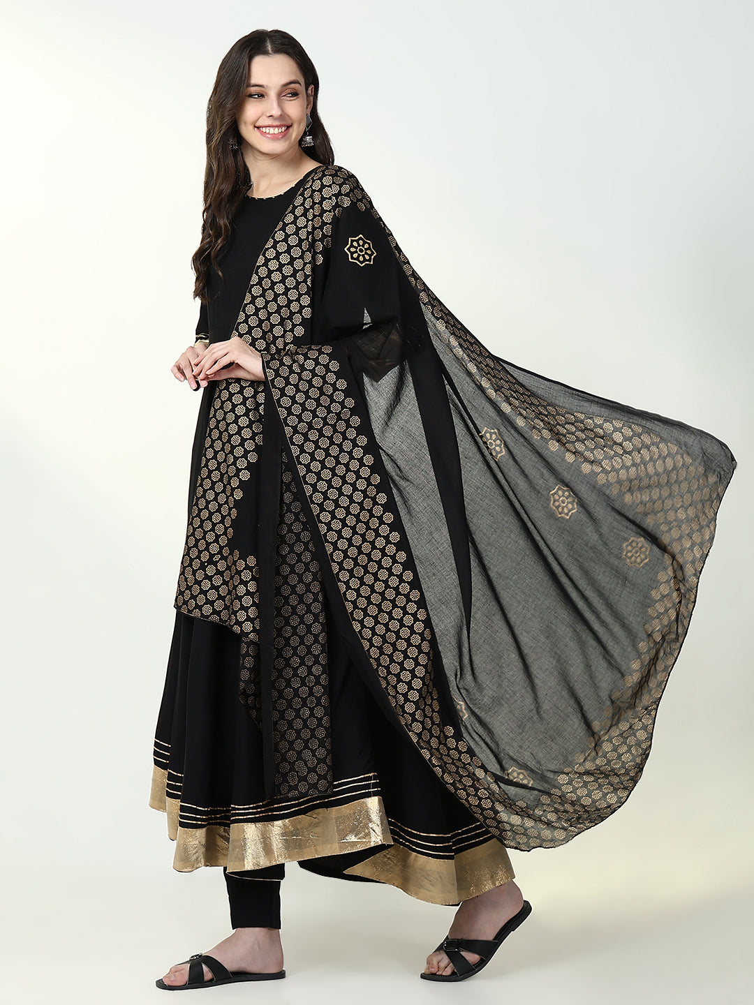 Women's Anarkali Solid Black Kurta Sets with Dupatta
