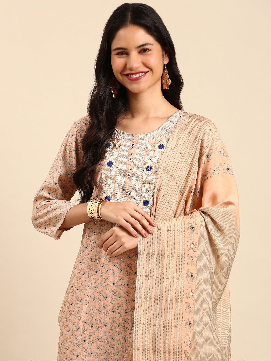 Women Floral Peach Straight Kurta Set with Dupatta