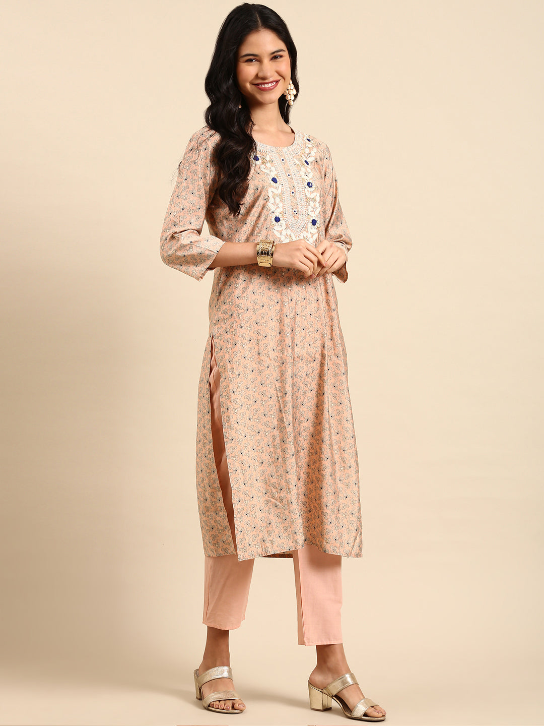 Women Floral Peach Straight Kurta Set with Dupatta