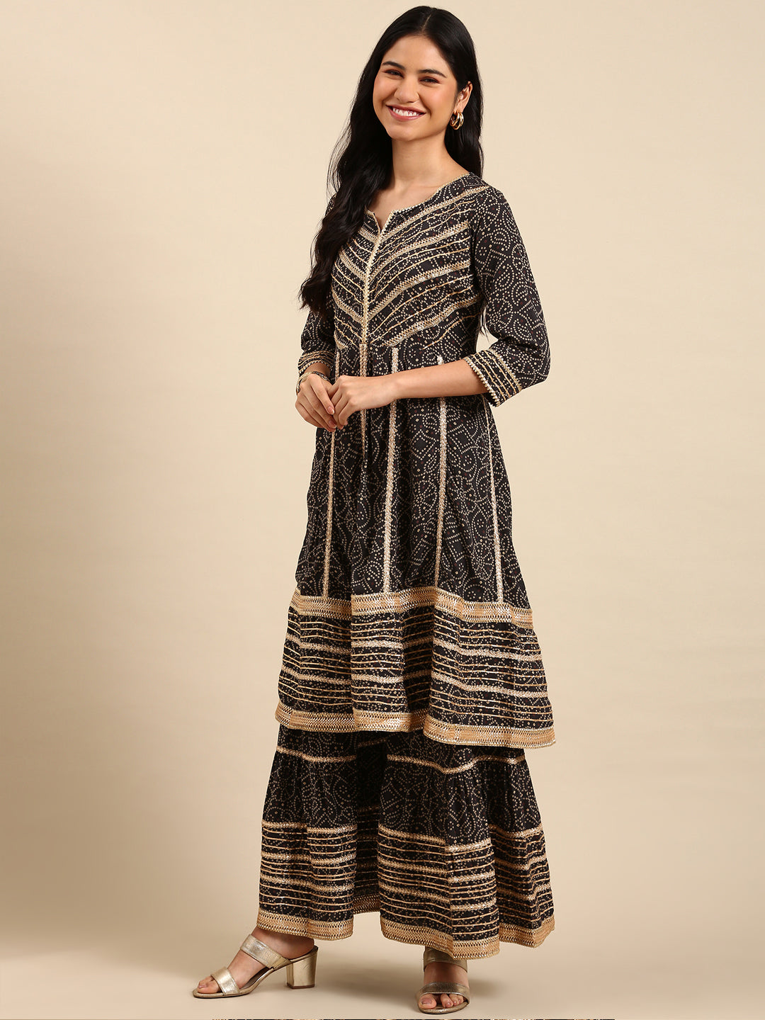 Women Bandhani Black Anarkali Kurta Set with Dupatta