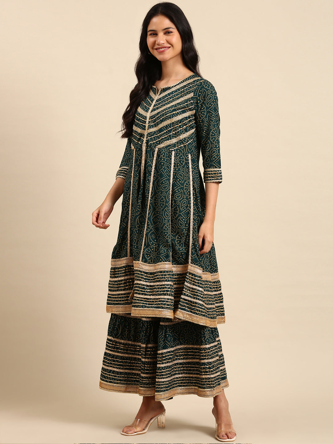 Women Bandhani Green Anarkali Kurta Set with Dupatta