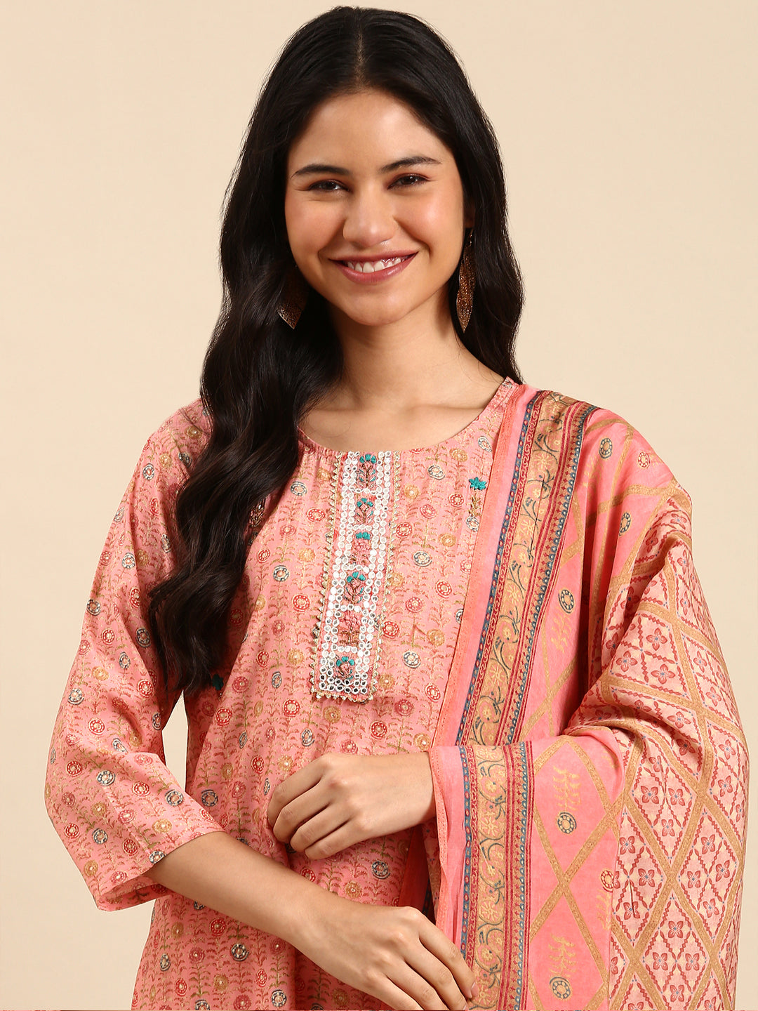 Women Floral Pink Straight Kurta Set with Dupatta