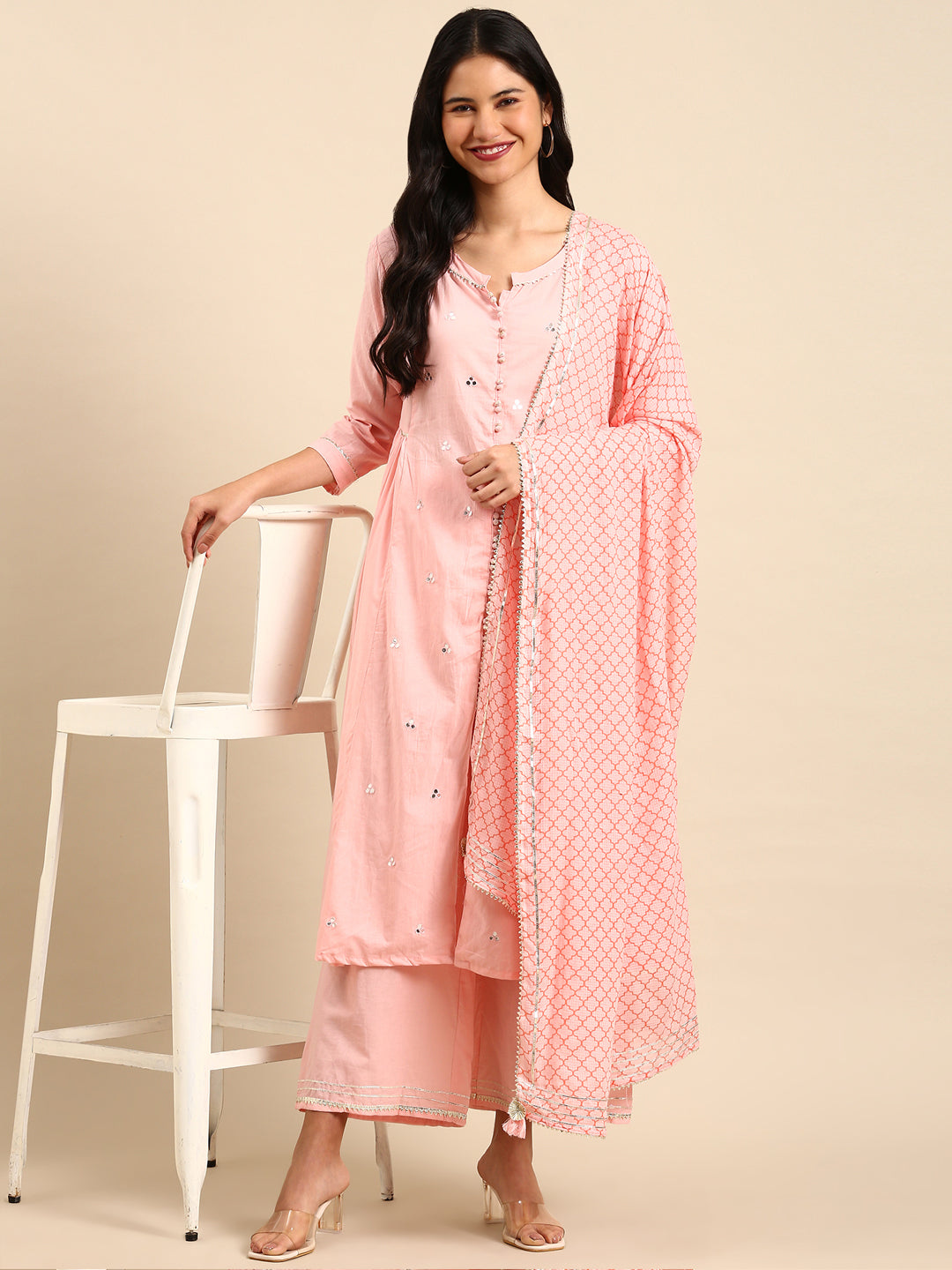 Women Solid Pink Anarkali Kurta Set with Dupatta