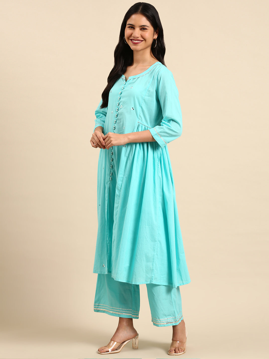 Women Solid Blue Anarkali Kurta Set with Dupatta