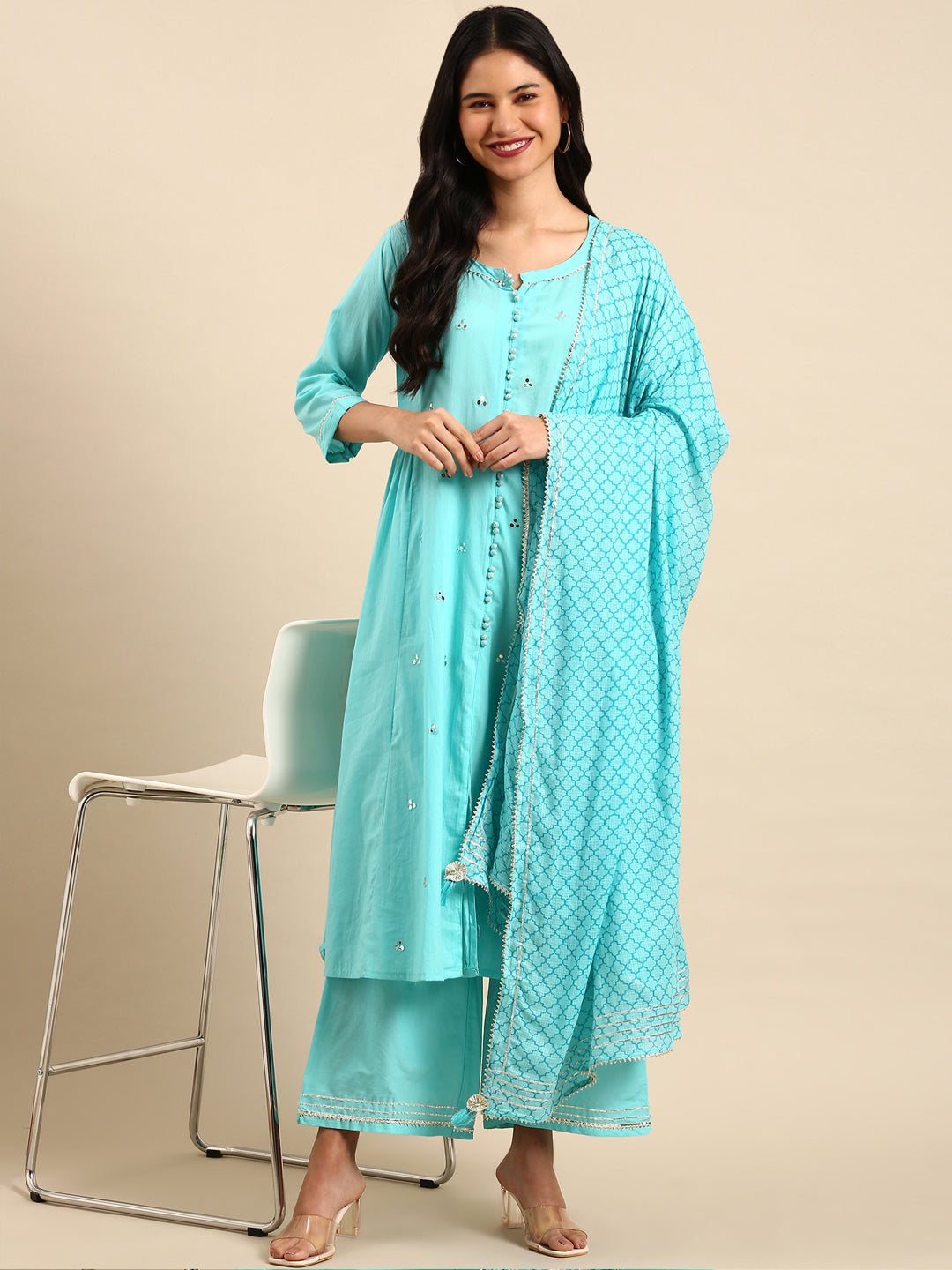 Women Solid Blue Anarkali Kurta Set with Dupatta