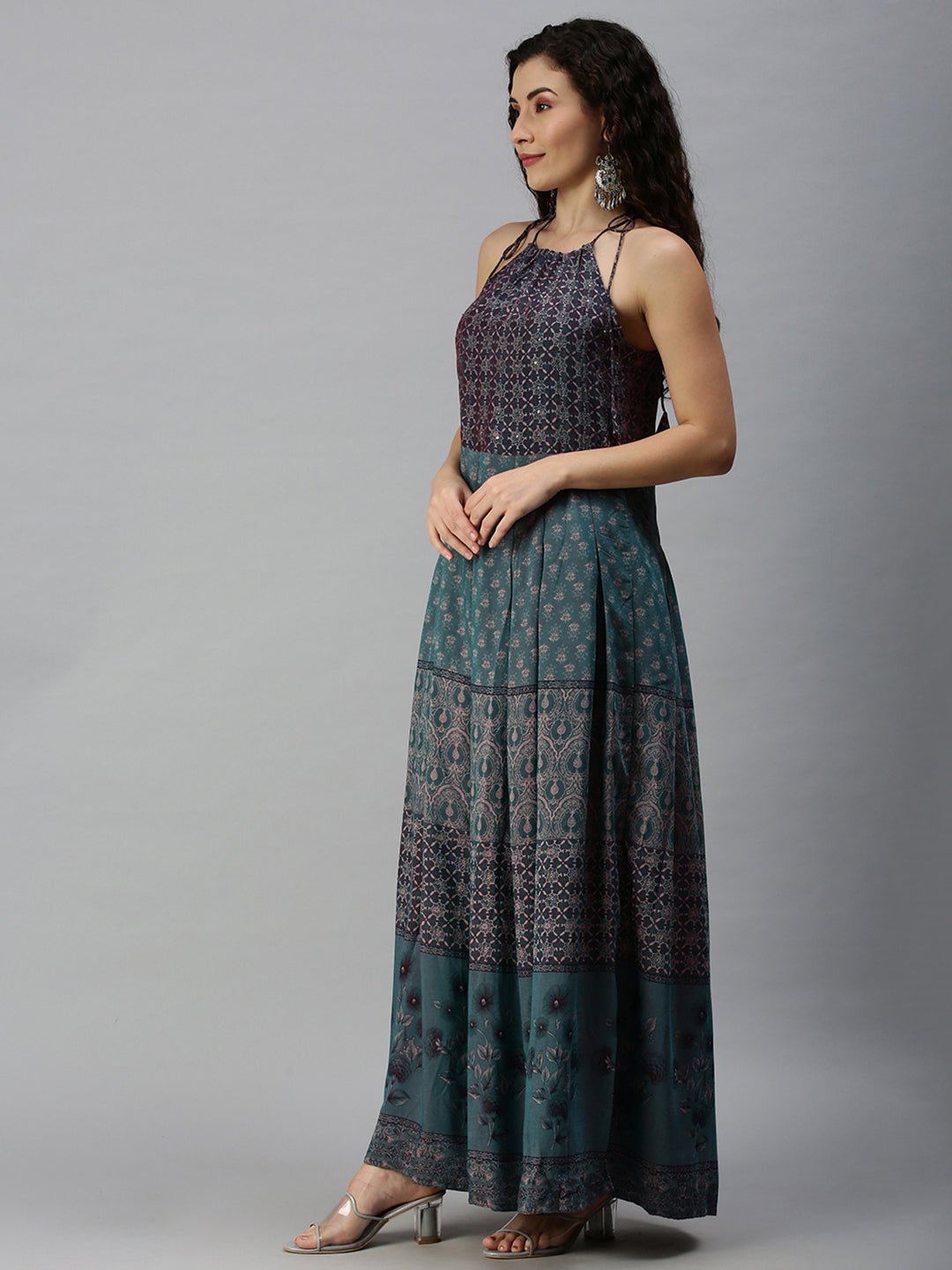 Women's Halter Neck Printed Teal Anarkali Kurta