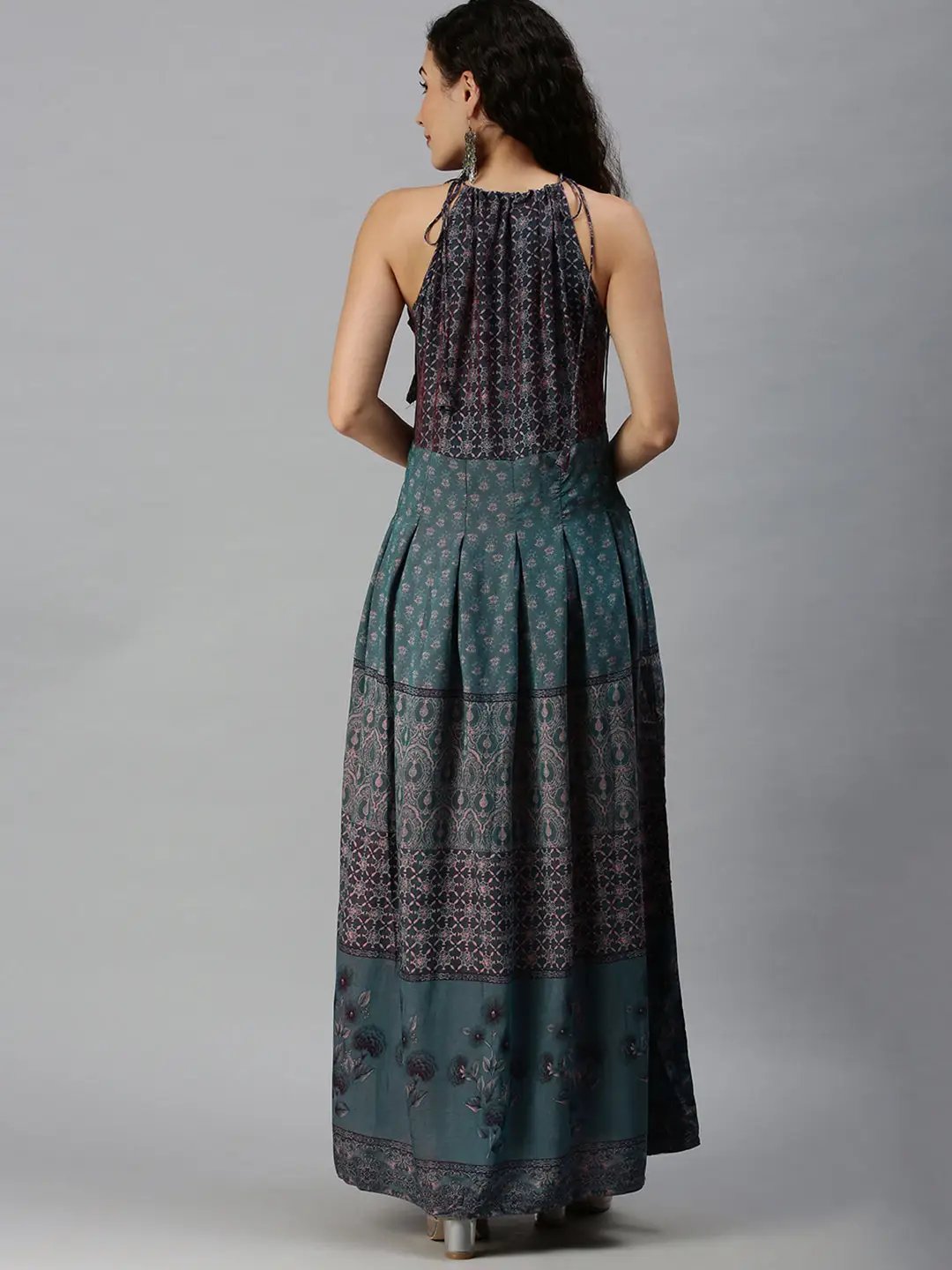 Women's Halter Neck Printed Teal Anarkali Kurta