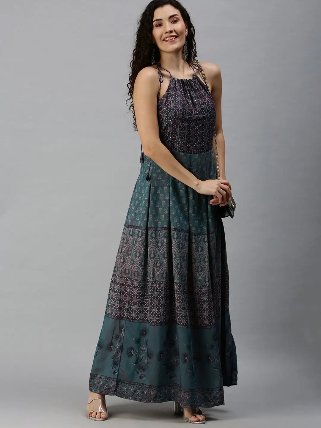 Women's Halter Neck Printed Teal Anarkali Kurta