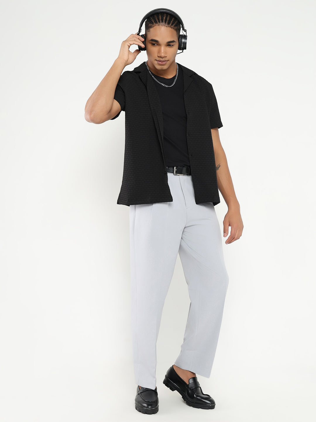 Men Black Cuban Collar Solid Shirt