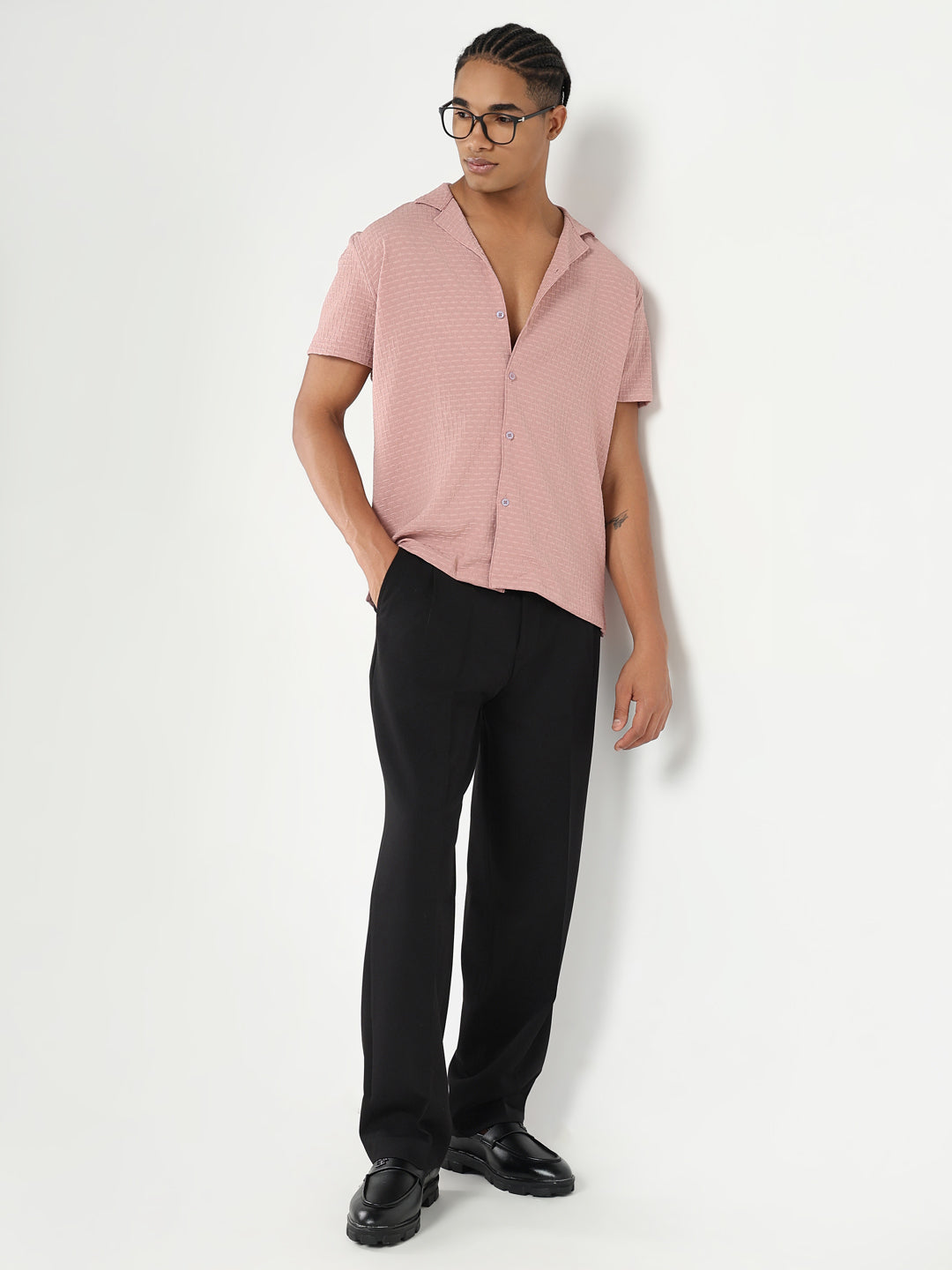 Men Pink Cuban Collar Solid Shirt