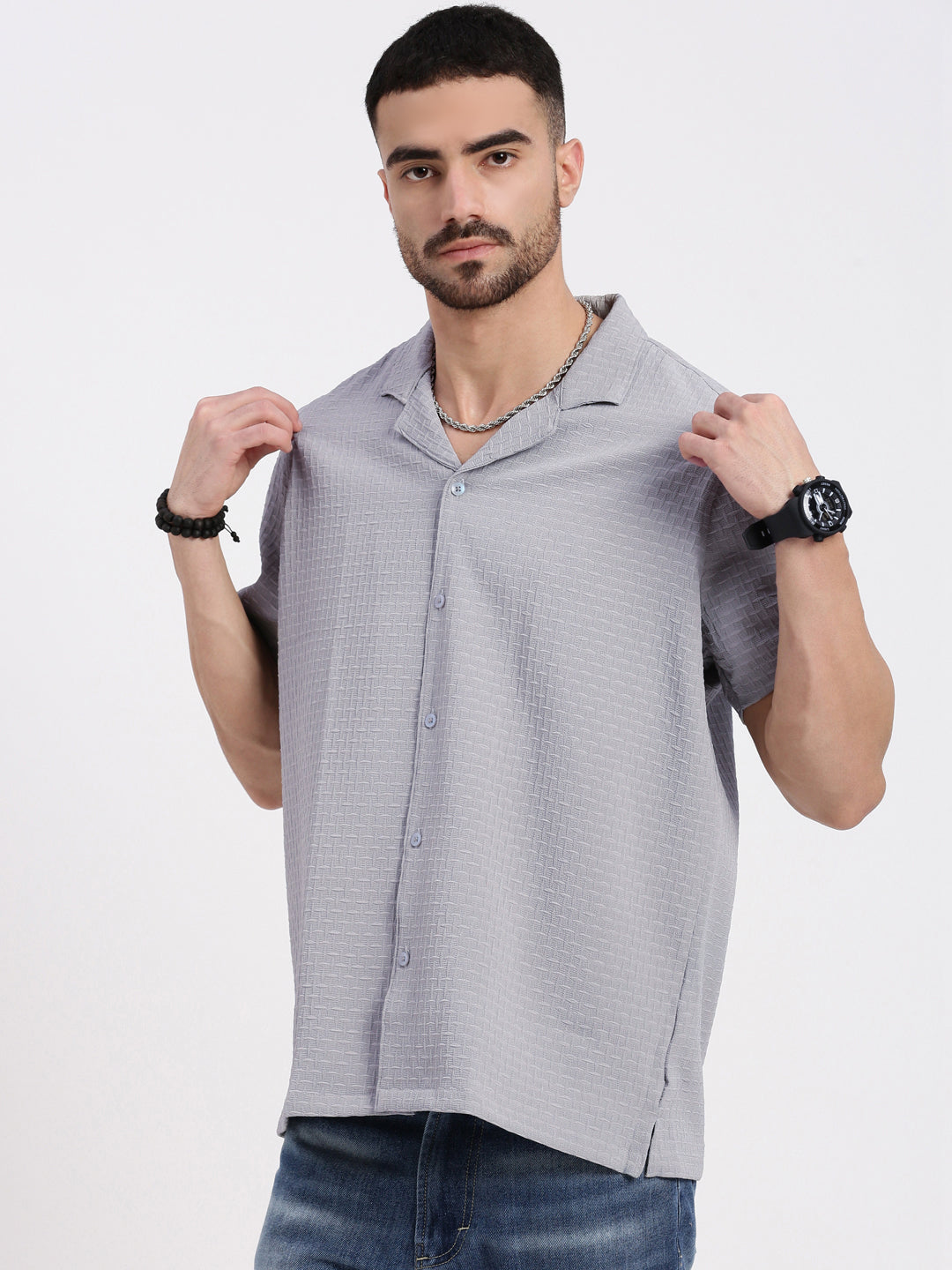 Men Grey Cuban Collar Solid Shirt