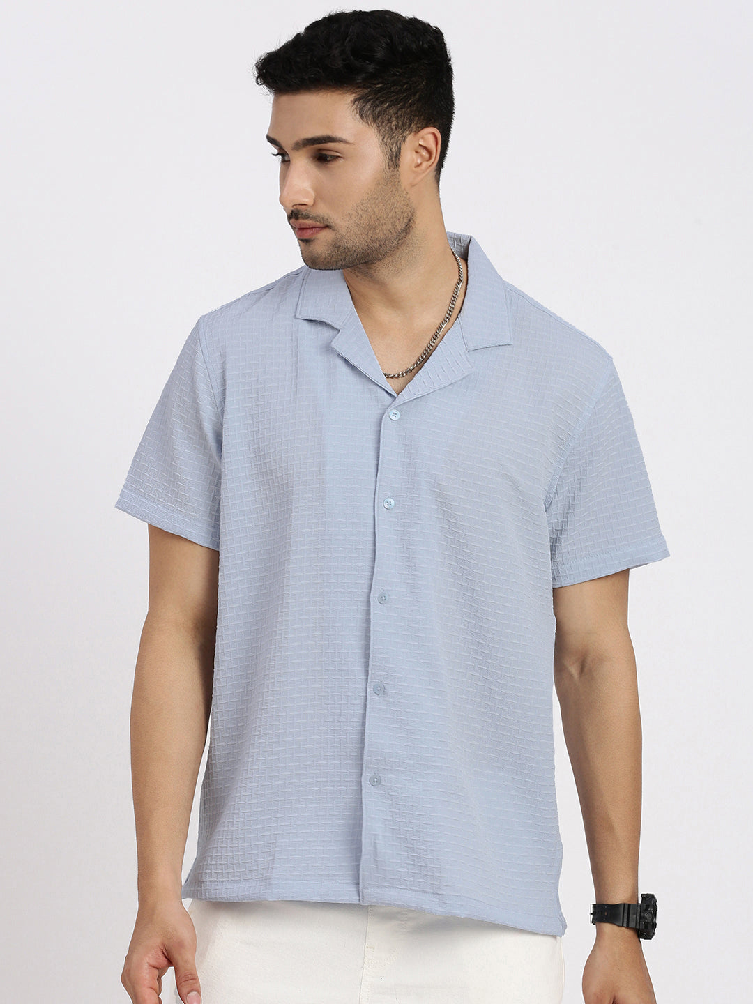 Men Blue Cuban Collar Solid Shirt