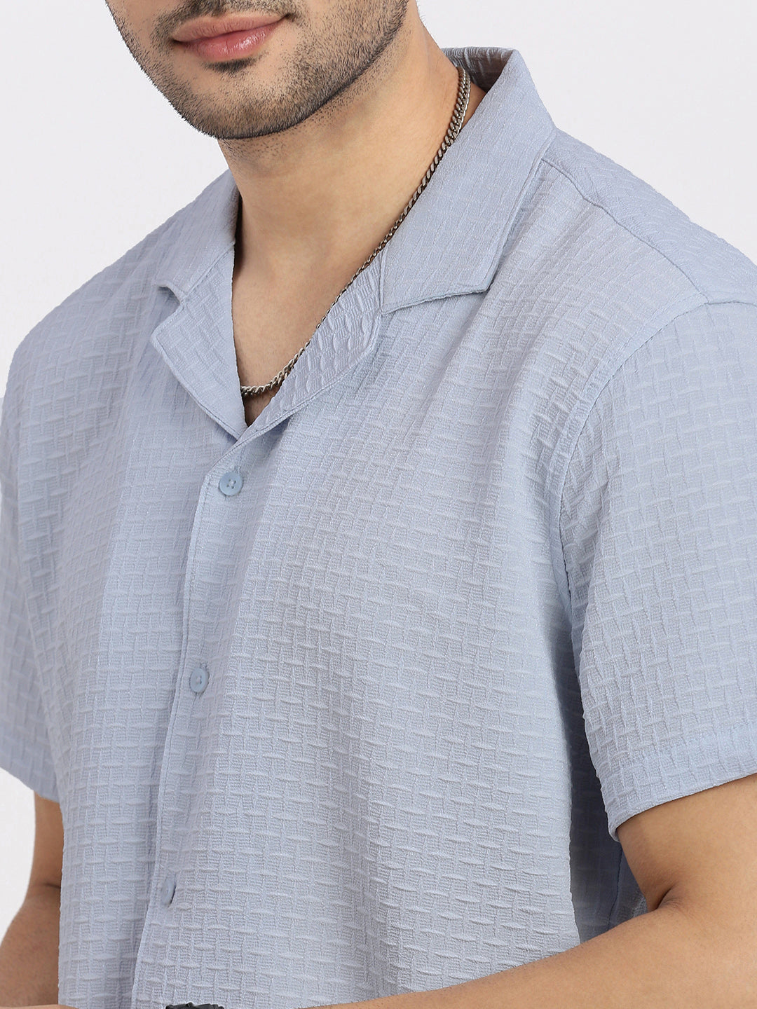 Men Blue Cuban Collar Solid Shirt