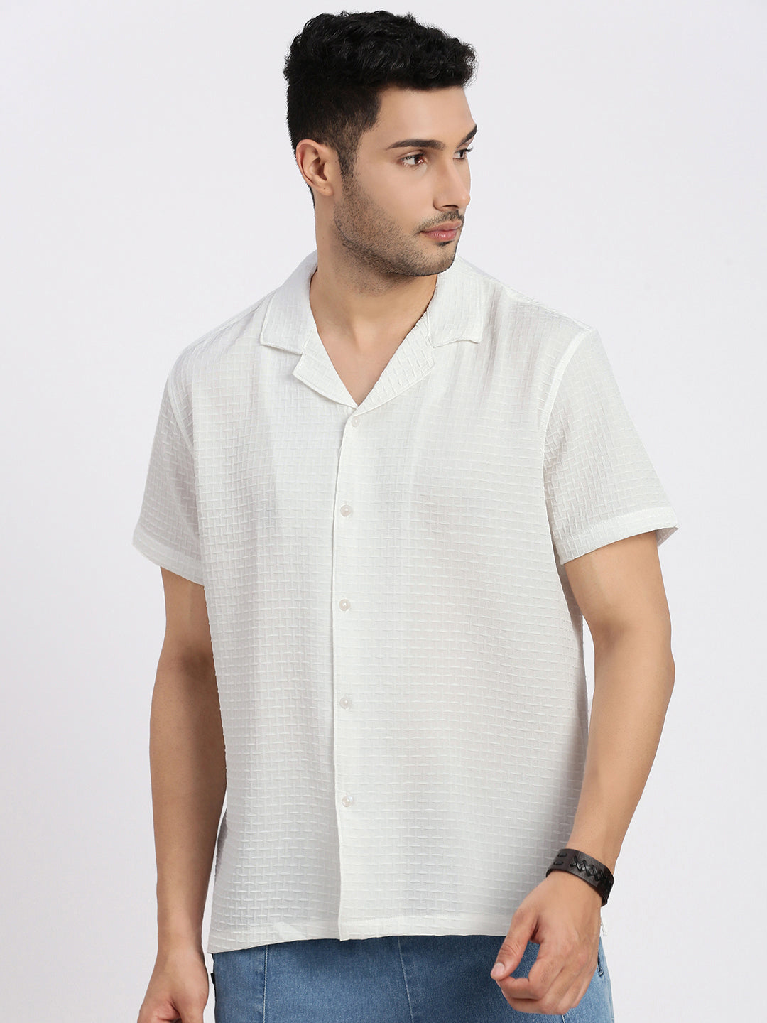 Men White Cuban Collar Solid Shirt