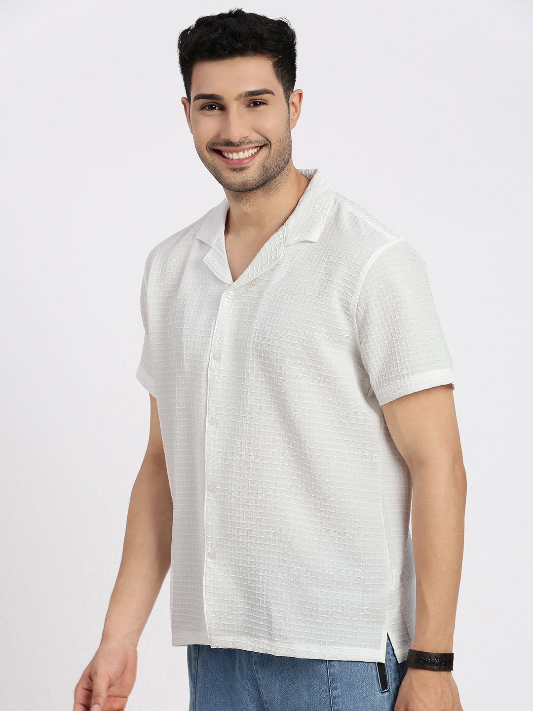 Men White Cuban Collar Solid Shirt