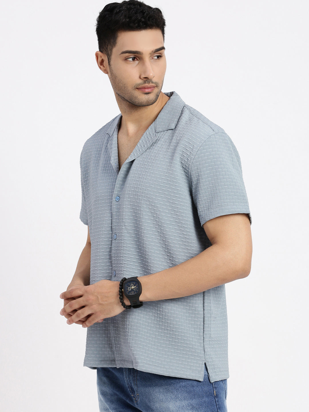 Men Blue Cuban Collar Solid Shirt