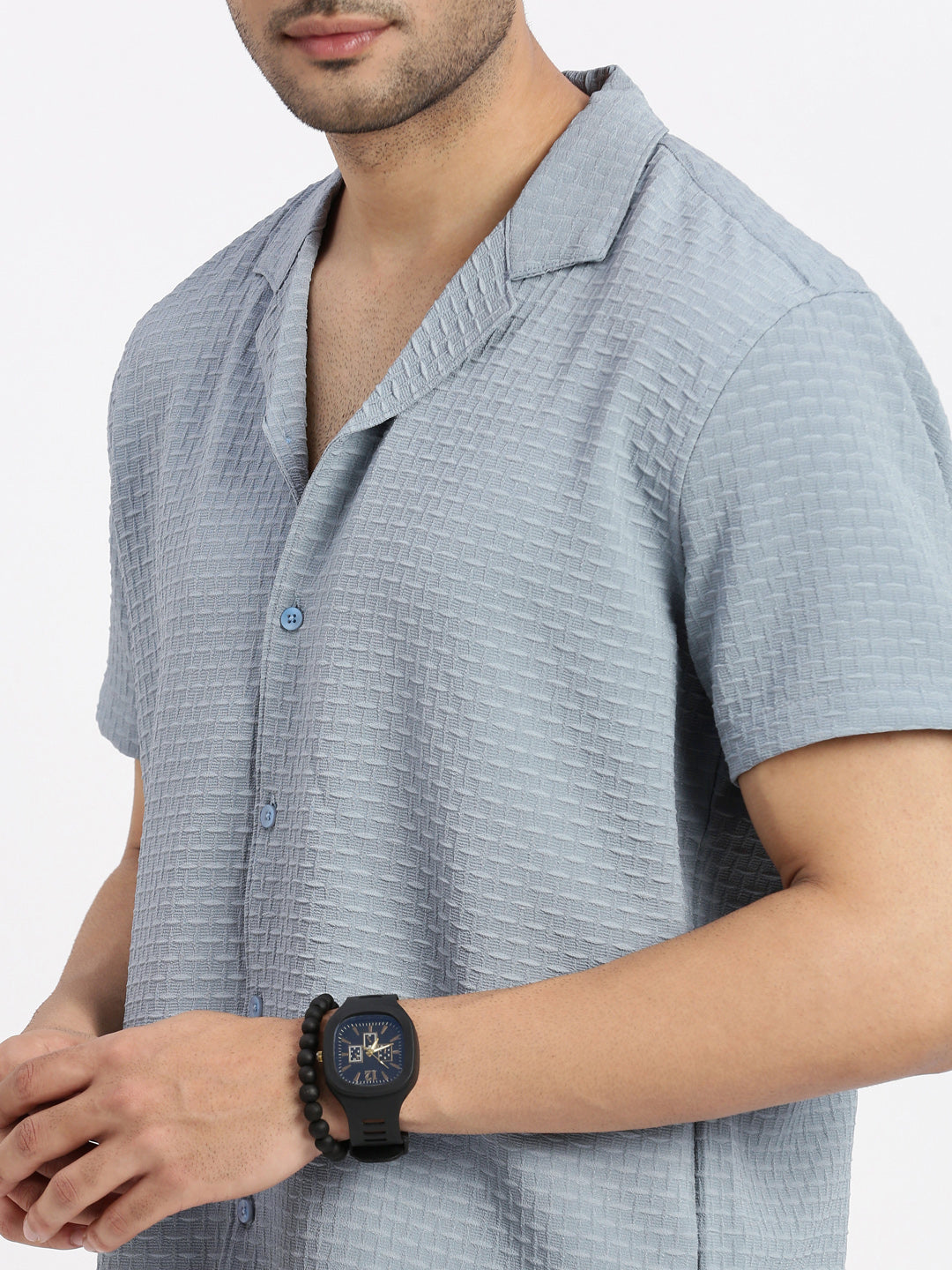 Men Blue Cuban Collar Solid Shirt