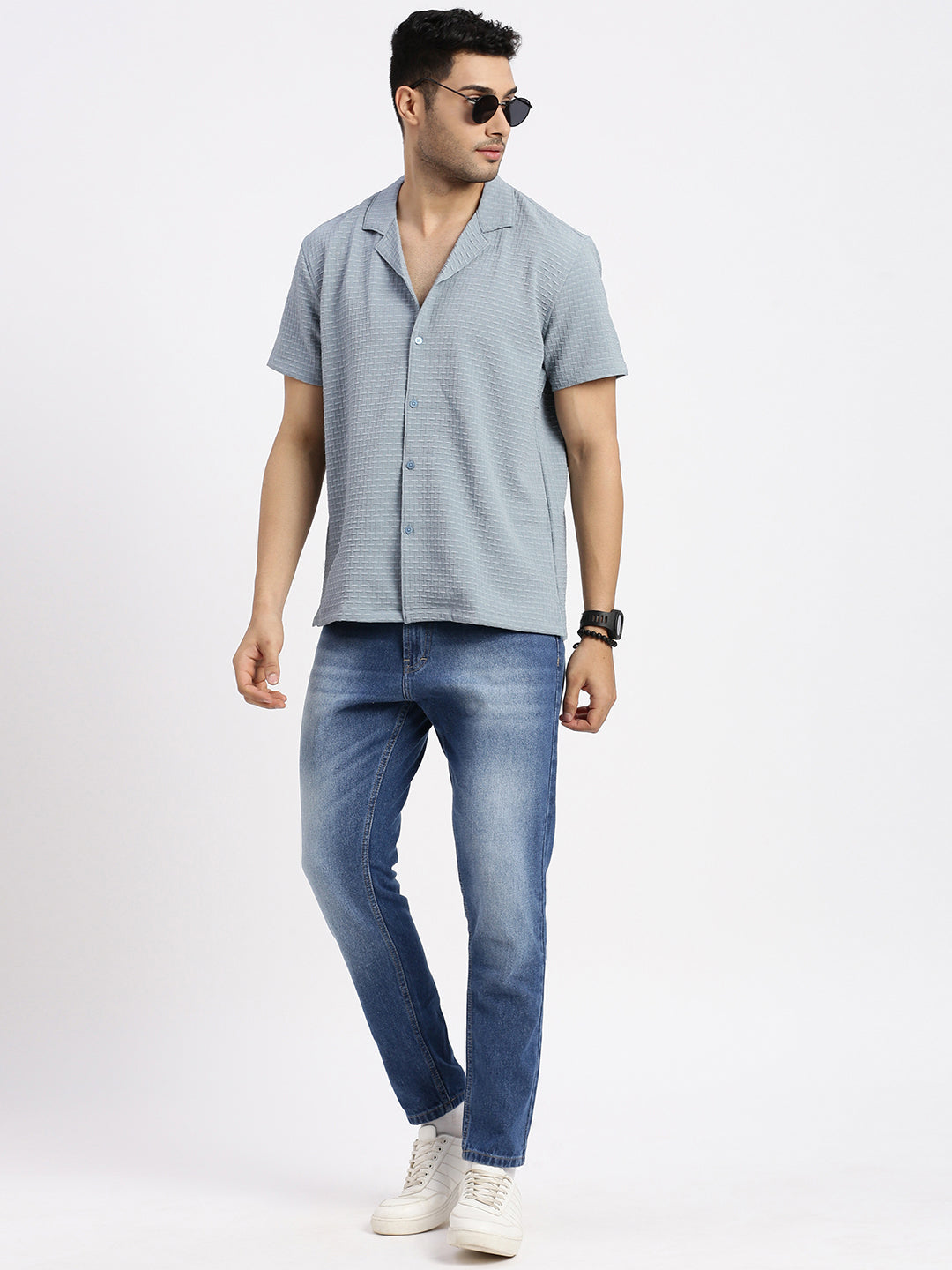 Men Blue Cuban Collar Solid Shirt