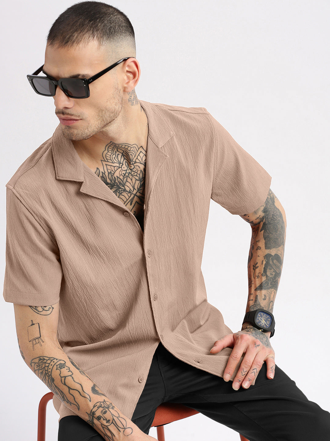 Men's Textured Beige Cuban Collar Short Sleeves Shirt
