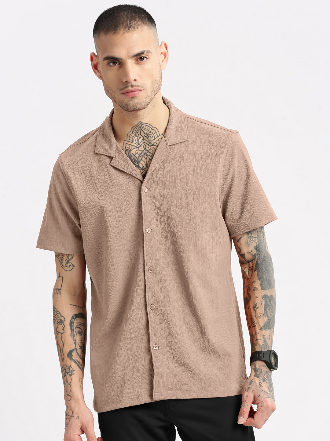Men's Textured Beige Cuban Collar Short Sleeves Shirt
