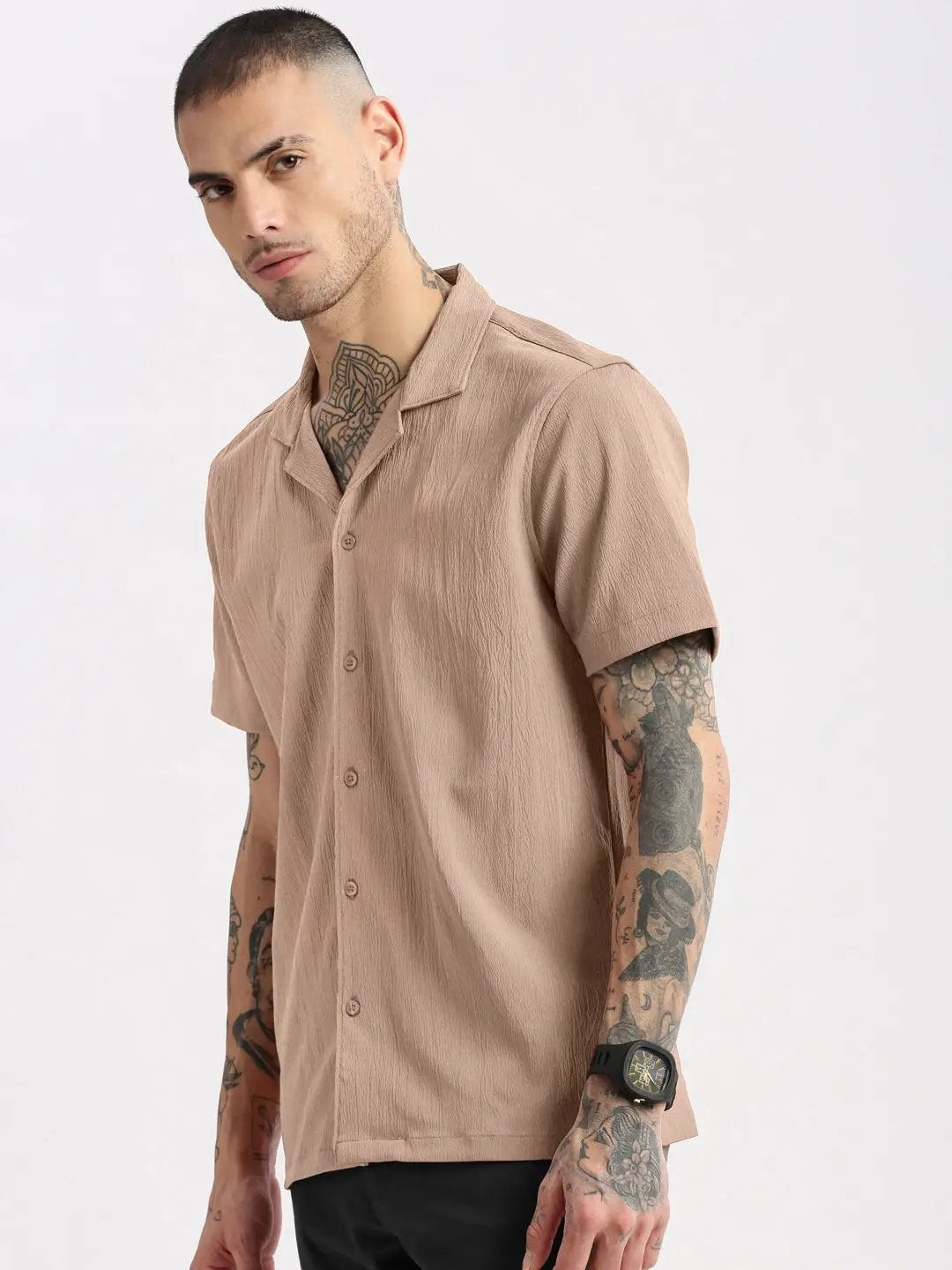 Men's Textured Beige Cuban Collar Short Sleeves Shirt - from SHOWOFFFF