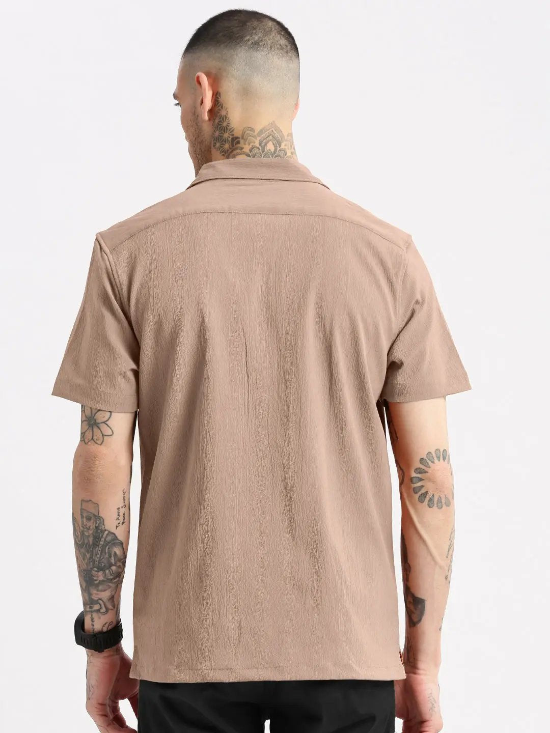 Men's Textured Beige Cuban Collar Short Sleeves Shirt - from SHOWOFFFF