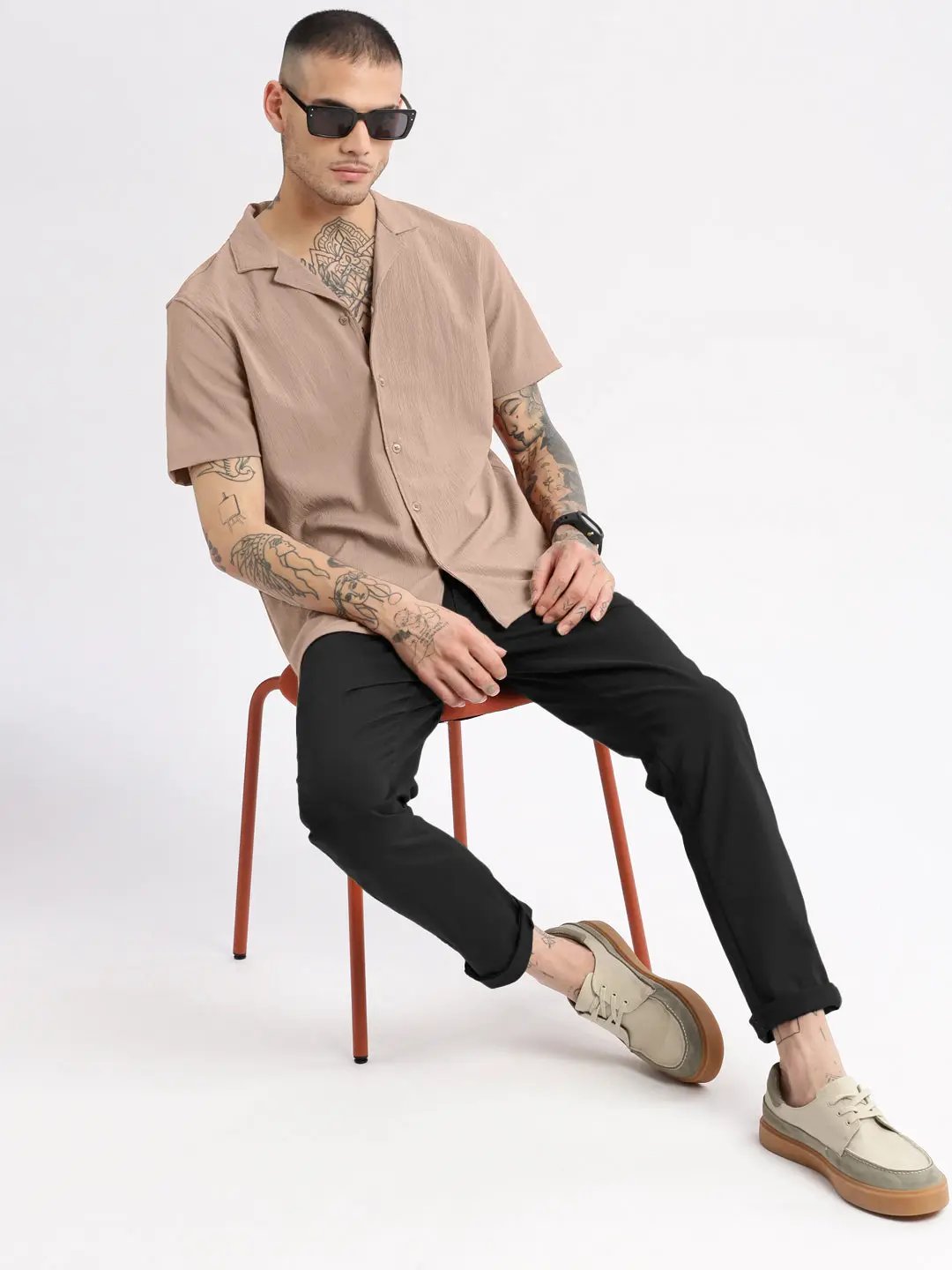 Men's Textured Beige Cuban Collar Short Sleeves Shirt - from SHOWOFFFF