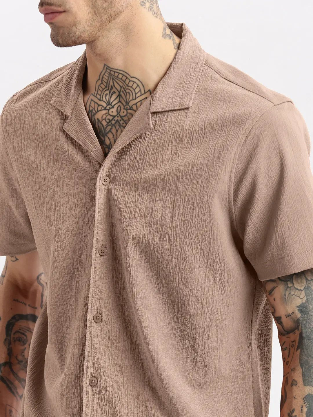 Men's Textured Beige Cuban Collar Short Sleeves Shirt - from SHOWOFFFF