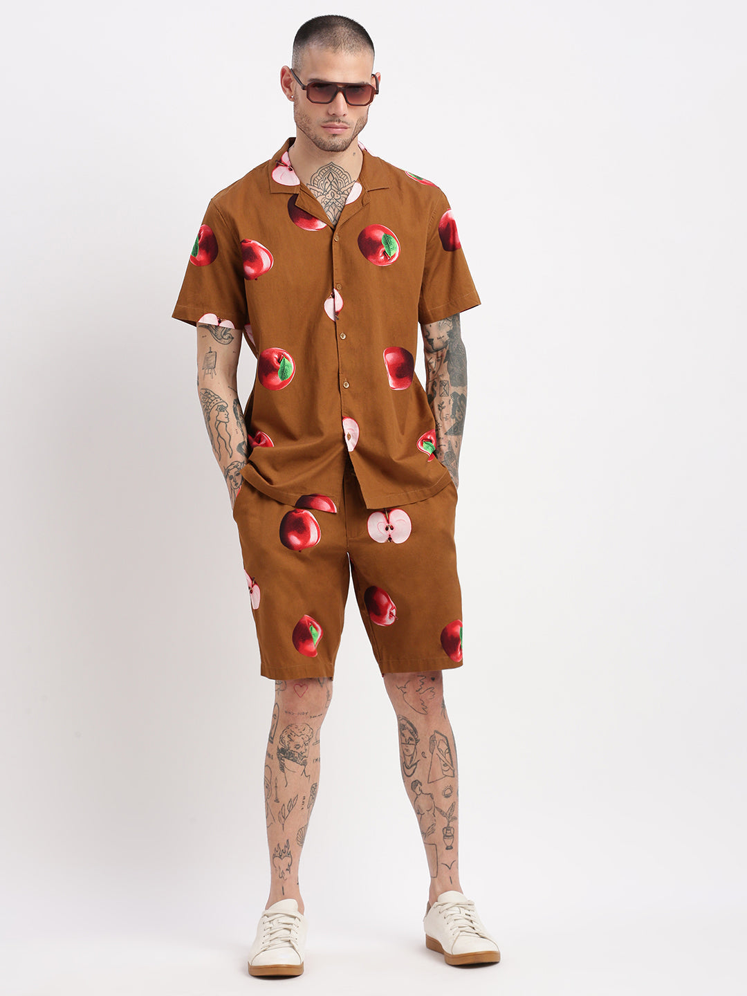 Men Graphic Cuban Collar Brown Co-Ords Set