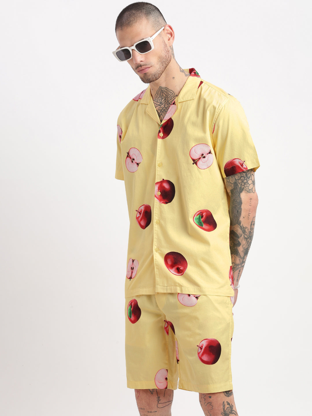 Men Graphic Cuban Collar Yellow Co-Ords Set