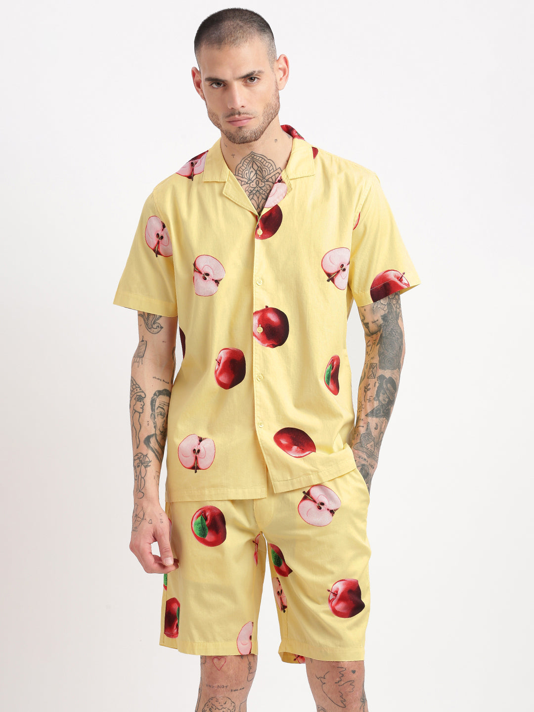 Men Graphic Cuban Collar Yellow Co-Ords Set