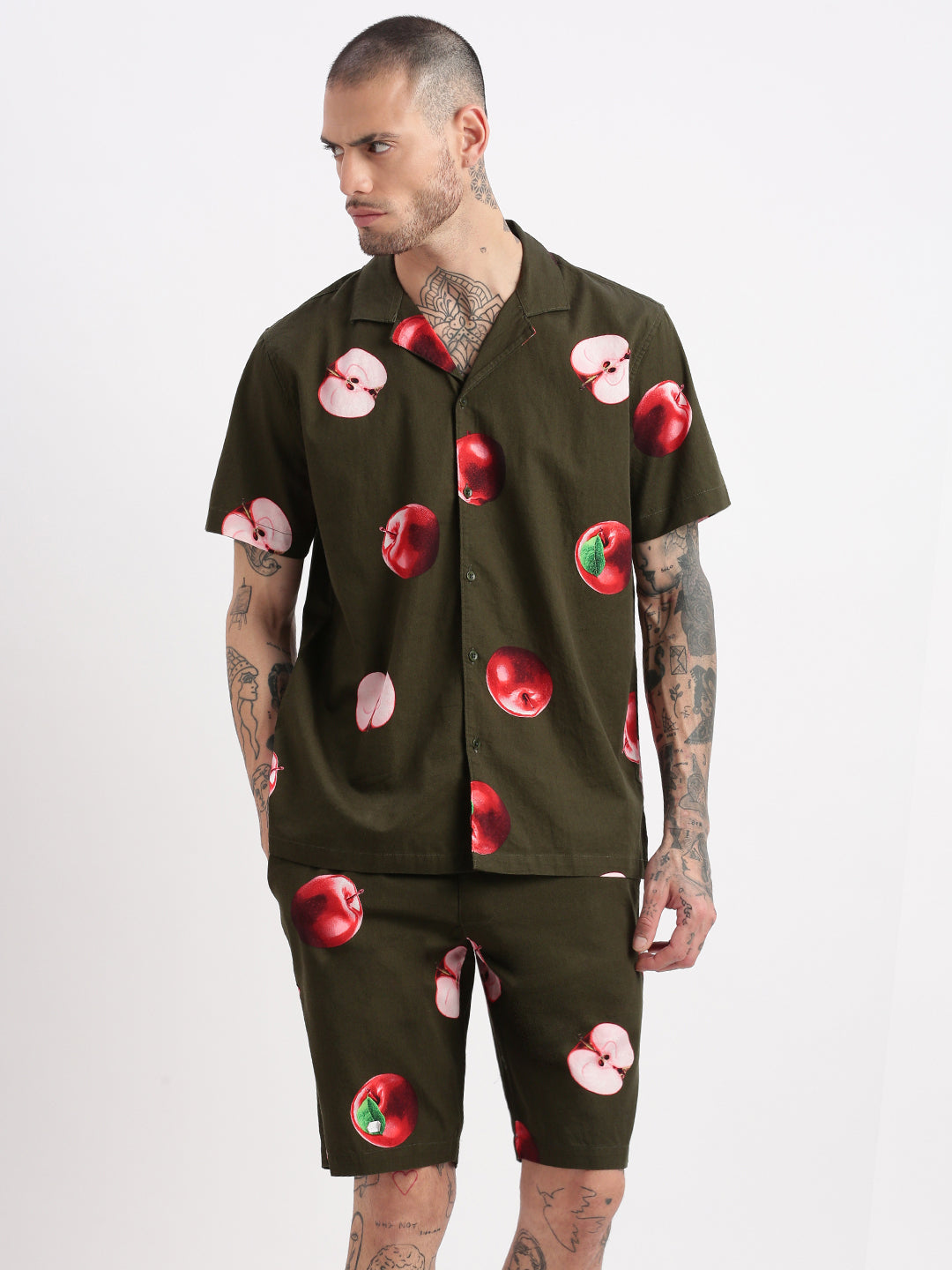 Men Graphic Cuban Collar Green Co-Ords Set