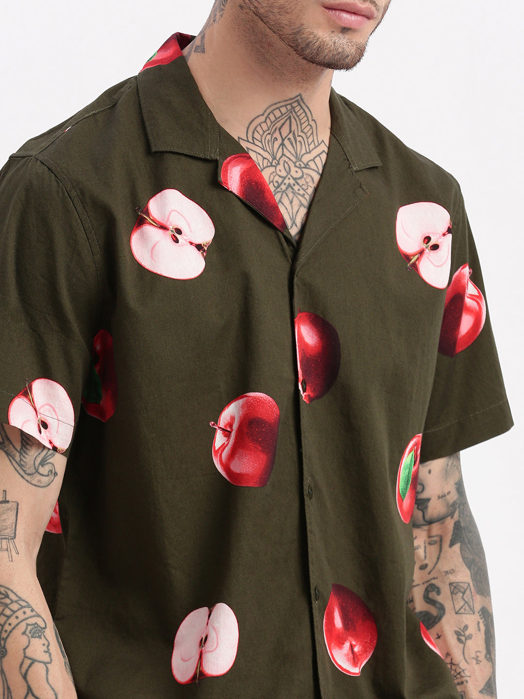 Men Graphic Cuban Collar Green Co-Ords Set