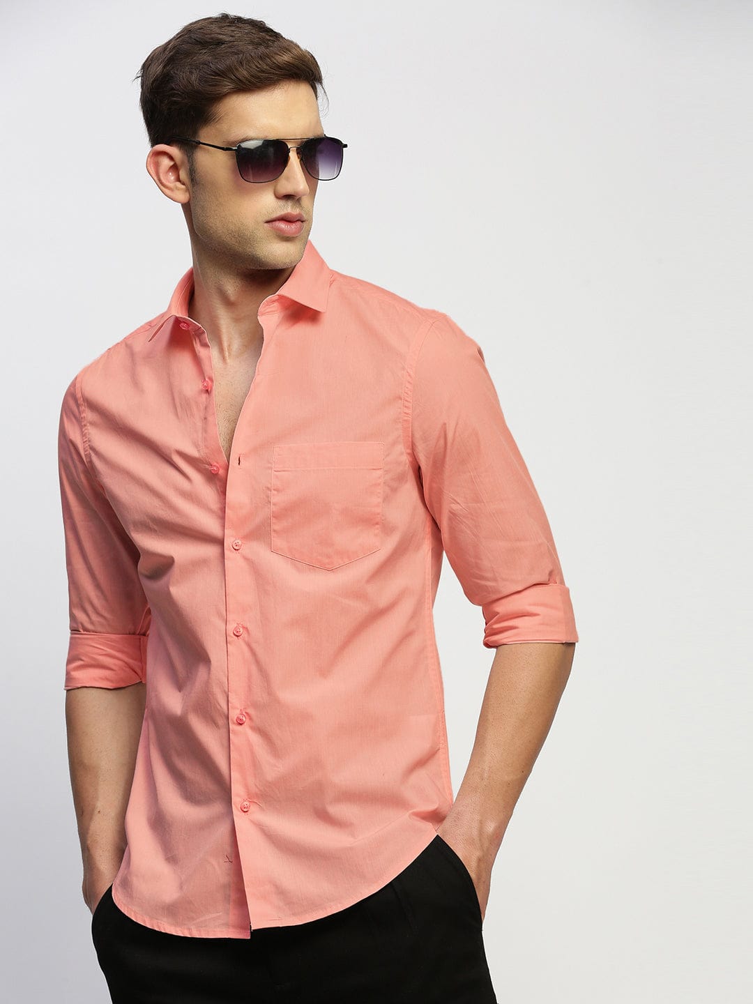 Men's Peach Spread Collar Slim Fit Shirt