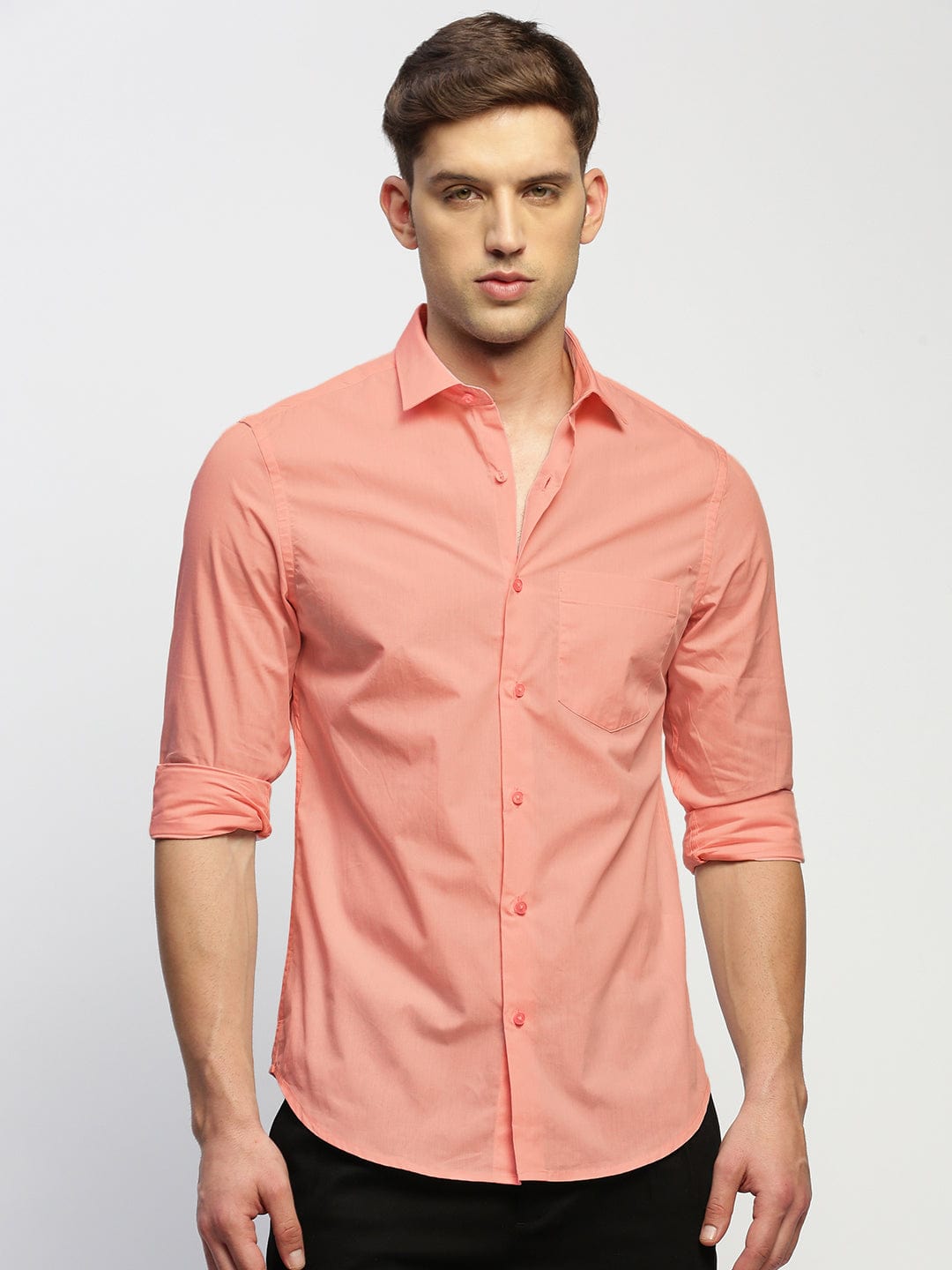 Men's Peach Spread Collar Slim Fit Shirt