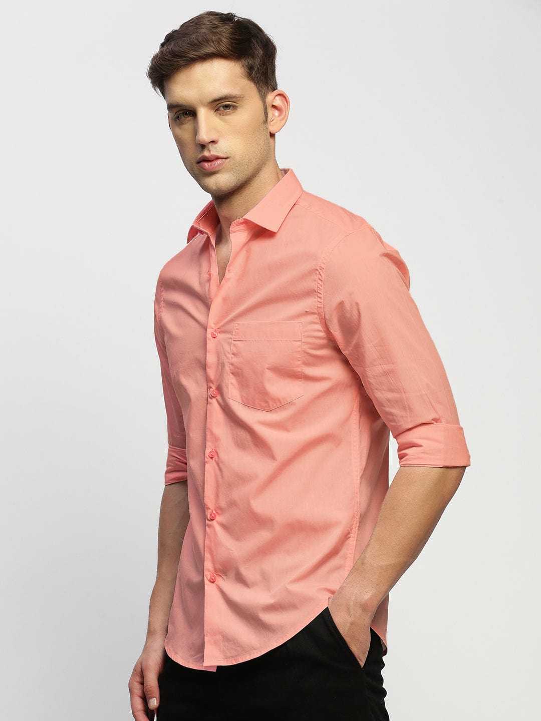 Men's Peach Spread Collar Slim Fit Shirt