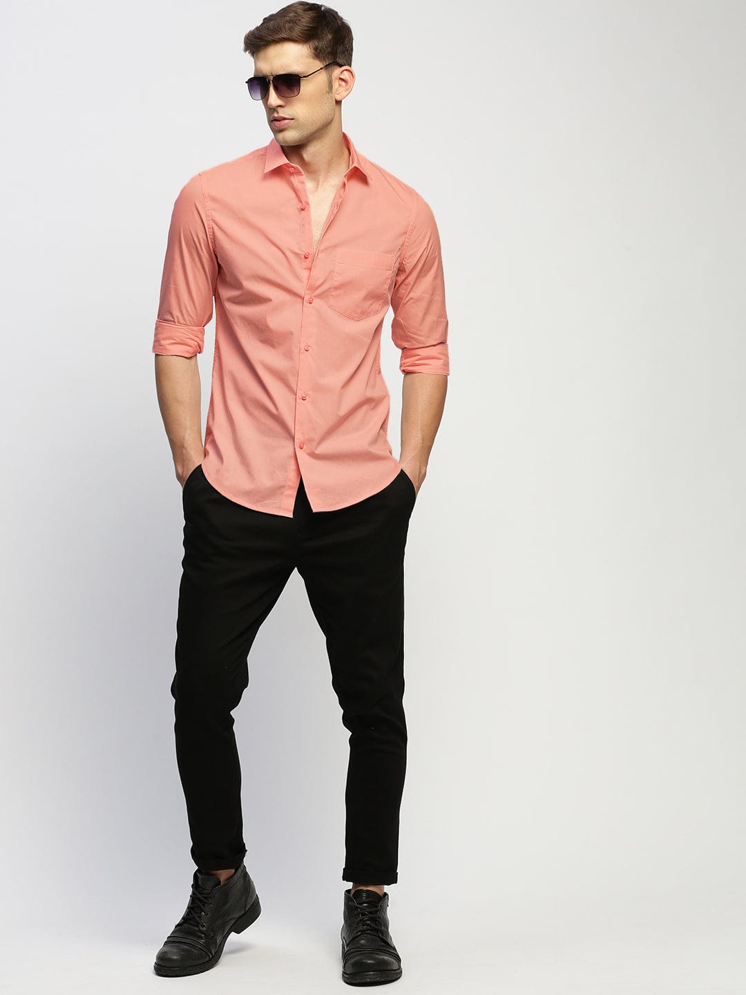 Men's Peach Spread Collar Slim Fit Shirt