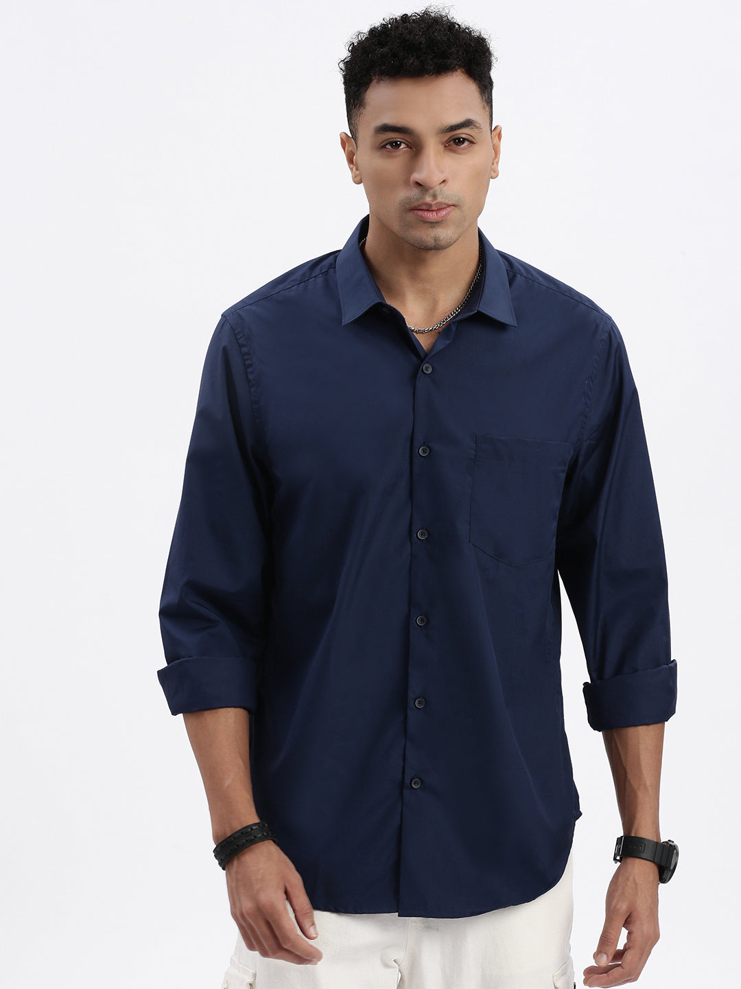 Men's Navy Blue Solid Slim Fit Shirt